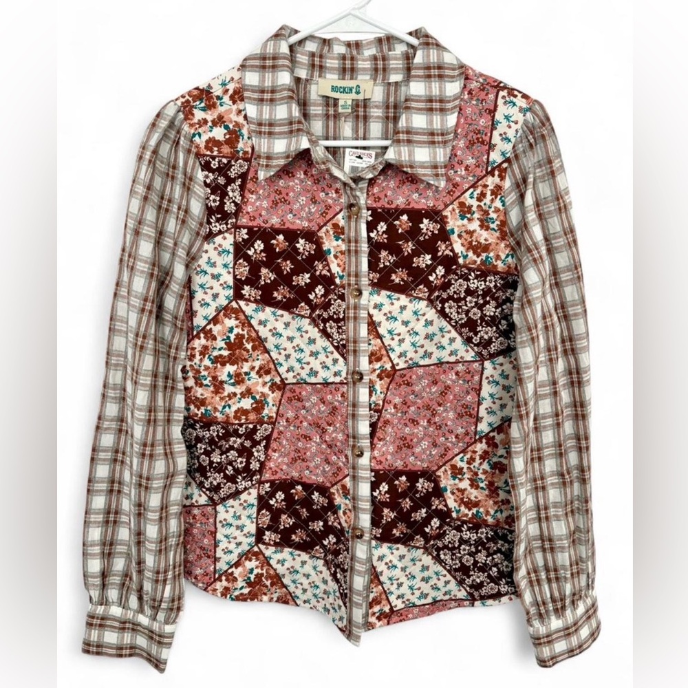 NWT ROCKIN C WOMEN'S FLORAL QUILTED PLAID‎ LONG SLEEVE TOP SMALL BUTTON DOWN
